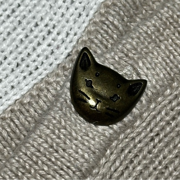 Christopher & Banks Cat Sweater Cardigan Beige White Checkered Short Sleeve - Picture 7 of 11